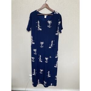 Vejaiz Designs Blue Gauzy Nautical Maxi Dress size Large Coastal short sleeve